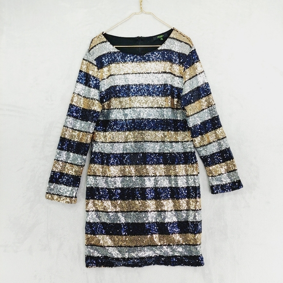 Xtaren Dresses & Skirts - XTAREN Blue Gold Silver Striped Sequin Long Sleeve Evening Formal Dress P6871